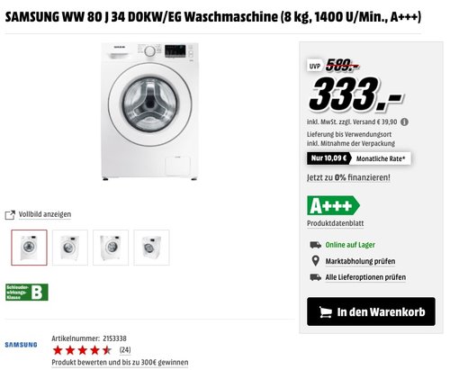 Samsung WW80J6400CW/EG Waschmaschine - jetzt 28% billiger