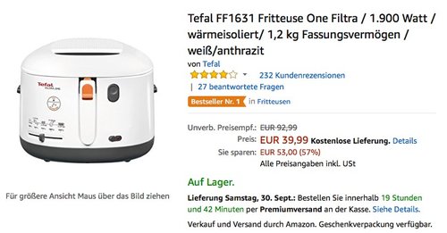 Tefal FF1631 Fritteuse One Filtra - jetzt 23% billiger