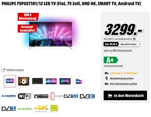 Philips 75PUS7101/12 189cm 75 Zoll Fernseher Ambilight 4K UHD - jetzt 15% billiger