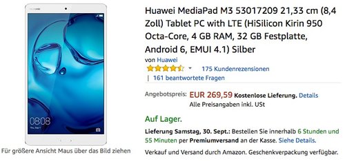 Huawei MediaPad M3 21,33 cm (8,4 Zoll) Tablet PC  LTE - jetzt 18% billiger