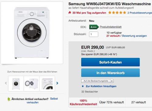 Samsung WW80J3473KWEG Waschmaschine - jetzt 9% billiger