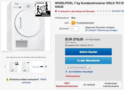 WHIRLPOOL 7 kg Kondenstrockner DDLX 70110  - jetzt 30% billiger