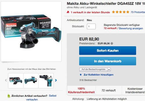 Makita DGA452Z Akku Winkelschleifer Solo 18V Li-ION - nur die Maschine - jetzt 7% billiger