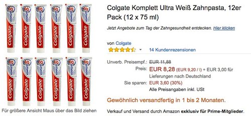 Colgate Komplett Ultra Weiß Zahnpasta, 12er Pack (12 x 75 ml)  - jetzt 30% billiger