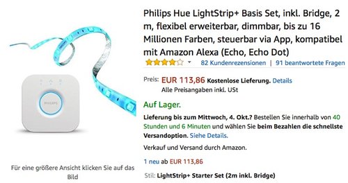 PHILIPS Hue LightStrip+ 2m Basis inkl. Hue Bridge Vorteilspack - jetzt 4% billiger