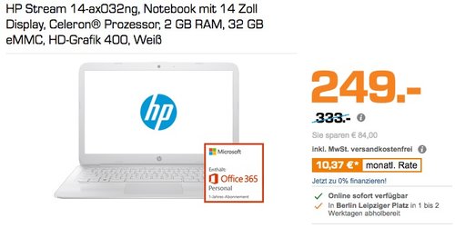 HP Stream 14-ax032ng, Notebook mit 14 Zoll Display, Celeron® Prozessor, 2 GB RAM, 32 GB eMMC, HD-Grafik 400, - jetzt 24% billiger