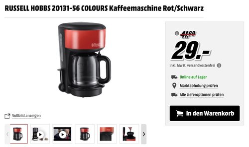 Russell Hobbs 20131-56 Colours Plus+ Flame Red Glas-Kaffeemaschine - jetzt 27% billiger