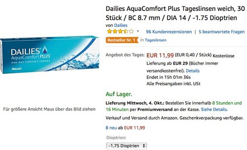 Dailies AquaComfort Plus Tageslinsen weich, 30 Stück / BC 8.7 mm / DIA 14 - jetzt 20% billiger Dailies AquaComfort Plus Tageslinsen weich, 30 Stück / BC 8.7 mm / DIA 14 - jetzt 20% billiger