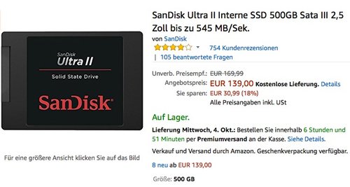 SanDisk Ultra II Interne SSD 500GB Sata III 2,5 Zoll bis zu 545 MB/Sek. - jetzt 6% billiger SanDisk Ultra II Interne SSD 500GB Sata III 2,5 Zoll bis zu 545 MB/Sek. - jetzt 6% billiger