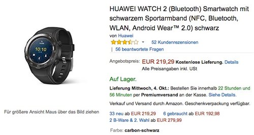 HUAWEI WATCH 2 (Bluetooth) Smartwatch mit schwarzem Sportarmband - jetzt 13% billiger