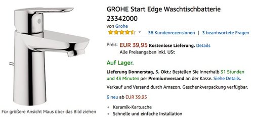 GROHE Start Edge Waschtischbatterie 23342000 - jetzt 11% billiger