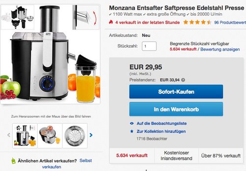 Monzana Entsafter für Obst und Gemüse aus Edelstahl Motorleistung max. 1100W - jetzt 21% billiger Monzana Entsafter für Obst und Gemüse aus Edelstahl Motorleistung max. 1100W - jetzt 21% billiger