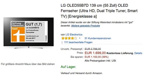 LG OLED55B7D 139 cm (55 Zoll) OLED Fernseher (Ultra HD, Dual Triple Tuner, Smart TV) - jetzt 7% billiger LG OLED55B7D 139 cm (55 Zoll) OLED Fernseher (Ultra HD, Dual Triple Tuner, Smart TV) - jetzt 7% billiger