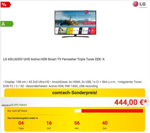 LG 43UJ635V 108 cm (43 Zoll) Fernseher (Ultra HD, Triple Tuner, Smart TV, Active HDR) - jetzt 11% billiger LG 43UJ635V 108 cm (43 Zoll) Fernseher (Ultra HD, Triple Tuner, Smart TV, Active HDR) - jetzt 11% billiger