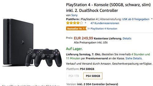PlayStation 4 - Konsole (500GB, schwarz, slim) inkl. 2. DualShock Controller - jetzt 17% billiger PlayStation 4 - Konsole (500GB, schwarz, slim) inkl. 2. DualShock Controller - jetzt 17% billiger