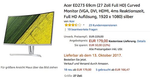 Acer ED273 69cm (27 Zoll Full HD) Curved Monitor - jetzt 14% billiger