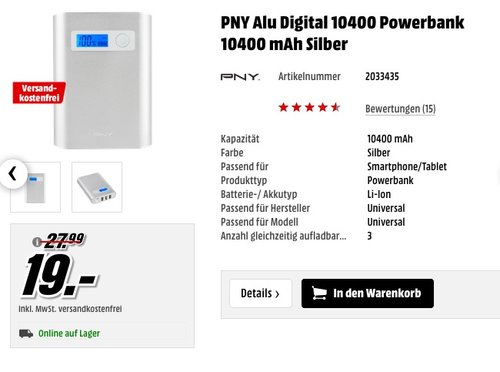 PNY Alu Digital 10400 Powerbank 10400 mAh Silber - jetzt 32% billiger PNY Alu Digital 10400 Powerbank 10400 mAh Silber - jetzt 32% billiger