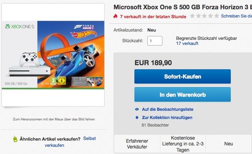 Xbox One S 500GB Konsole - Forza Horizon 3 Hot Wheels Bundle - jetzt 17% billiger Xbox One S 500GB Konsole - Forza Horizon 3 Hot Wheels Bundle - jetzt 17% billiger