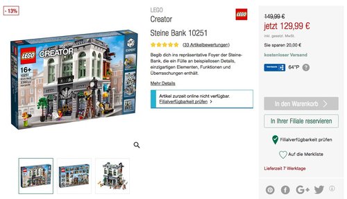 Lego 10251 Steine-Bank - jetzt 21% billiger