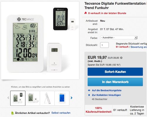 Tecvance NT-1898 Digitale Funkwetterstation inkl. Außensensor - jetzt 20% billiger