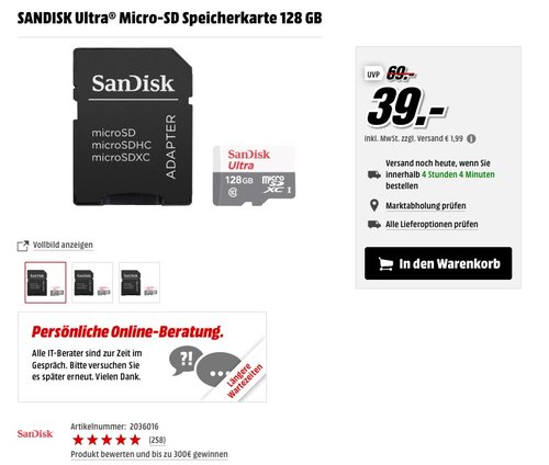 SANDISK Ultra Micro-SD Speicherkarte 128 GB plus Adapter - jetzt 17% billiger SANDISK Ultra Micro-SD Speicherkarte 128 GB plus Adapter - jetzt 17% billiger
