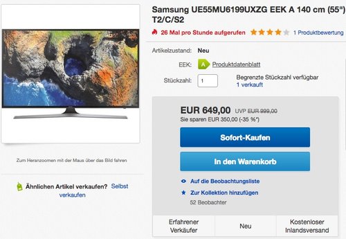 Samsung MU6199 138 cm (55 Zoll) Fernseher (Ultra HD, HDR, Triple Tuner, Smart TV) - jetzt 5% billiger