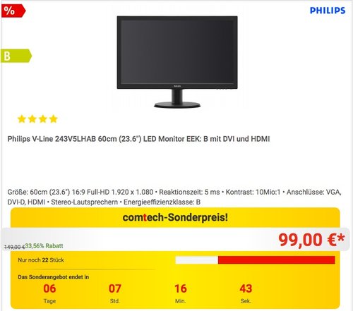 Philips 243V5LHAB 23,6 Zoll Monitor - jetzt 17% billiger