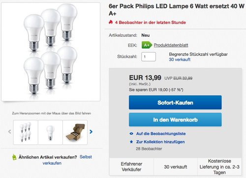 Philips LED Lampe ersetzt 40W, EEK A+, E27, warmweiß (2700 Kelvin), 470 Lumen, matt, Sechserpack - jetzt 43% billiger