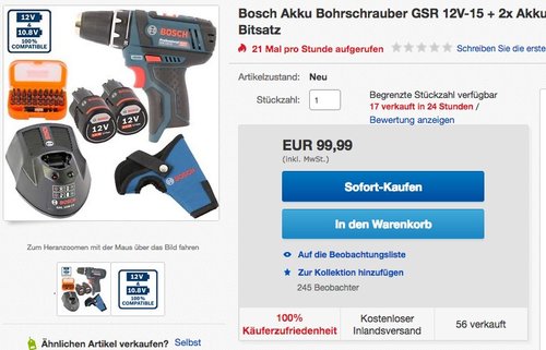 BOSCH Akku Bohrschrauber GSR 12V-15 + 2 Akkus 2,0 Ah + Ladegerät - jetzt 5% billiger