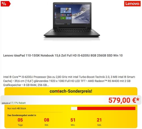 Lenovo IdeaPad 110-15 110-15ISK (80UD00CV) Notebook 15,6 Zoll Full HD i5-6200U 8GB 256GB SSD Win 10 - jetzt 15% billiger Lenovo IdeaPad 110-15 110-15ISK (80UD00CV) Notebook 15,6 Zoll Full HD i5-6200U 8GB 256GB SSD Win 10 - jetzt 15% billiger