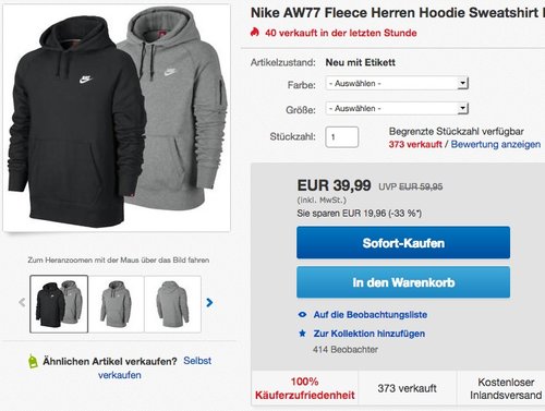 Nike AW77 Fleece Herren Hoodie Sweatshirt - jetzt 16% billiger