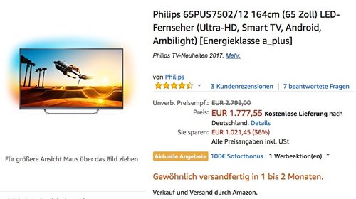 PHILIPS 65PUS7502, UHD, 4K, 65 Zoll, Smart TV, Android, Ambilight - jetzt 12% billiger
