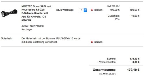 NINETEC Sonic X6 Smart Hoverboard 6,5 Zoll  - jetzt 25% billiger