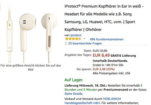 iProtect Premium Kopfhörer in Ear in weiß - Headset für alle Modelle - jetzt 23% billiger