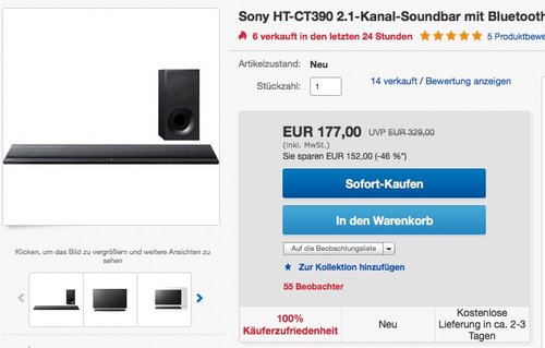 Sony HT-CT390 Soundbar - jetzt 20% billiger Sony HT-CT390 Soundbar - jetzt 20% billiger
