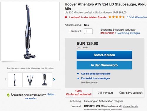 Hoover AthenEvo ATV 324 LD Akkustaubsauger - jetzt 24% billiger