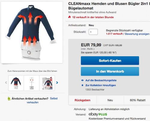 CLEANmaxx Hemden und Blusen Bügler - jetzt 20% billiger CLEANmaxx Hemden und Blusen Bügler - jetzt 20% billiger