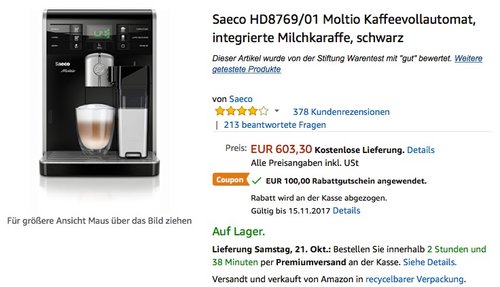 Saeco HD8769/01 Moltio Kaffeevollautomat, integrierte Milchkaraffe - jetzt 5% billiger Saeco HD8769/01 Moltio Kaffeevollautomat, integrierte Milchkaraffe - jetzt 5% billiger