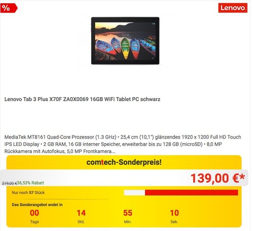 Lenovo Tab3 Plus 10,1 Zoll Full HD IPS Touch Tablet-PC - jetzt 18% billiger