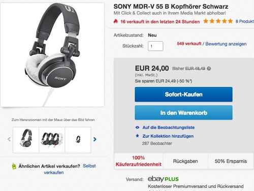 SONY MDR-V 55 B Kopfhörer Schwarz - jetzt 51% billiger