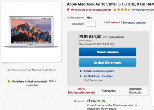 Apple MacBook Air 13", 8 GB RAM, 128 GB SSD, Intel i5 1,8 GHz, 2017 - jetzt 15% billiger