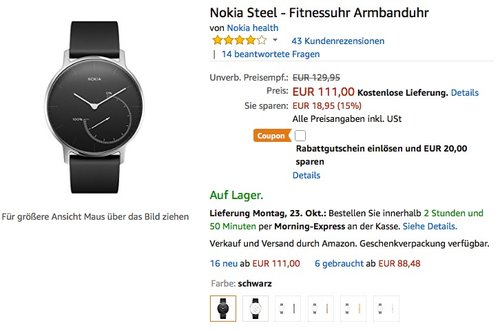 Nokia Steel - Fitnessuhr Armbanduhr - jetzt 18% billiger