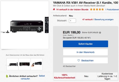 Yamaha RX-V381 AV-Receiver mit Bluetooth - jetzt 29% billiger Yamaha RX-V381 AV-Receiver mit Bluetooth - jetzt 29% billiger