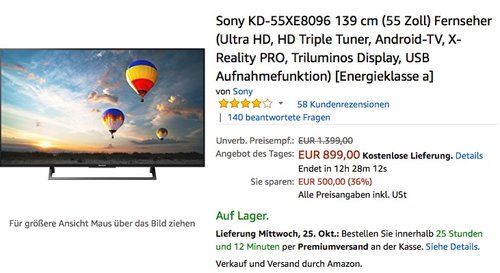 Sony KD-55XE8096 139 cm (55 Zoll) Fernseher  - jetzt 12% billiger