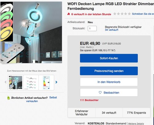 WOFI RGB LED Deckenleuchte - jetzt 50% billiger