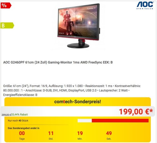 AOC G2460PF 61cm (24 Zoll) Gaming-Monitor 1ms AMD FreeSync  - jetzt 11% billiger