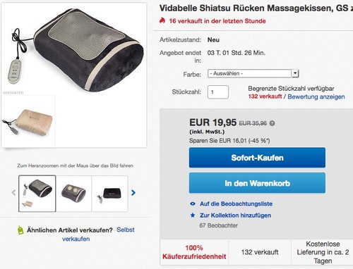 Vidabelle Shiatsu Rücken Massagekissen - jetzt 20% billiger