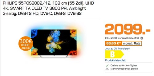 Philips 55POS9002/12 55 Zoll Ambilight OLED 4K Fernseher - jetzt 16% billiger Philips 55POS9002/12 55 Zoll Ambilight OLED 4K Fernseher - jetzt 16% billiger