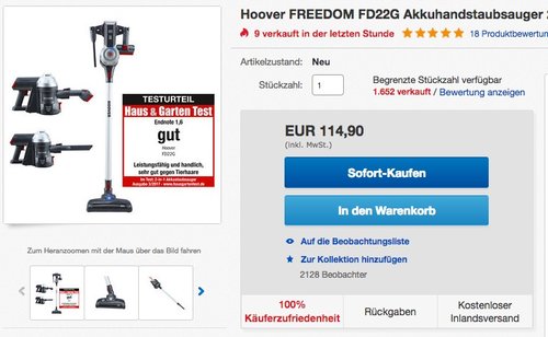 Hoover FD 22G Freedom 2-in-1 Akku-Stabstaubsauger - jetzt 19% billiger
