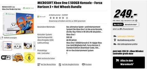 MICROSOFT Xbox One S 500GB Konsole - Forza Horizon 3 Hot Wheels Bundle + FIFA 18 + Controller - jetzt 20% billiger